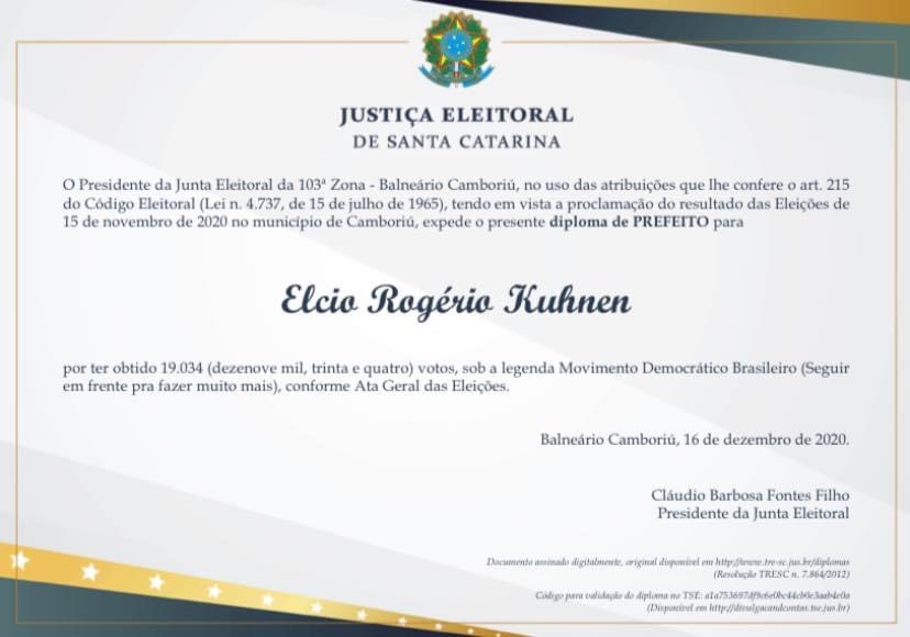 Em Camboriú o prefeito reeleito Élcio Kuhnen é diplomado pela Justiça Eleitoral
