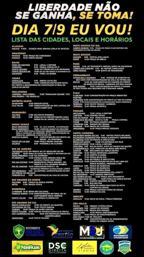Confira em quais cidades e os horários das manifestações nesse dia de 7 de Setembro no Estado