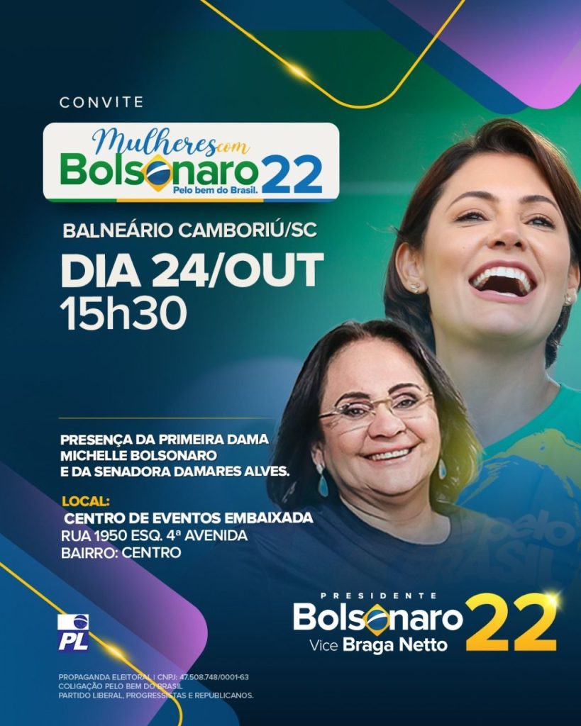 Michelle Bolsonaro e Damares Alves em Balneário nesta segunda-feira