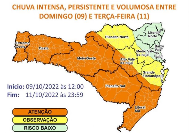 SC tem alerta de chuva intensa com chance de alagamentos e enxurradas a partir deste domingo