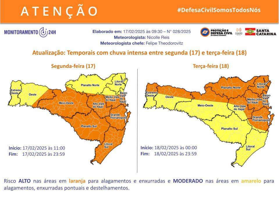 Defesa Civil alerta para risco de enxurradas e alagamentos