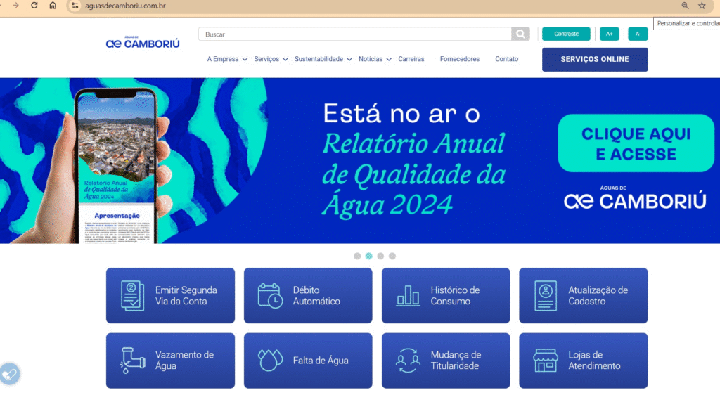 Site da Águas de Camboriú traz informações e serviços importantes sobre a concessionária 