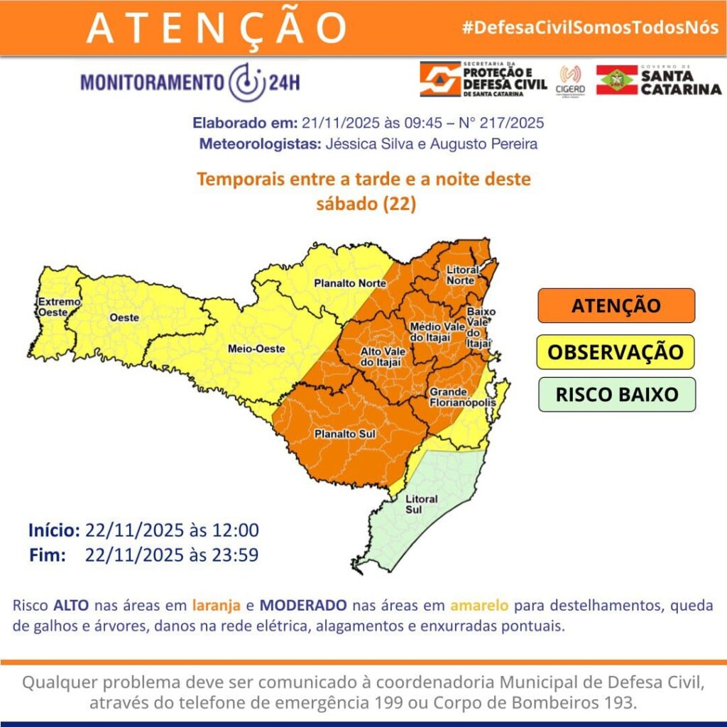 Defesa Civil emite alerta para chuva e temporais em Balneário Camboriú