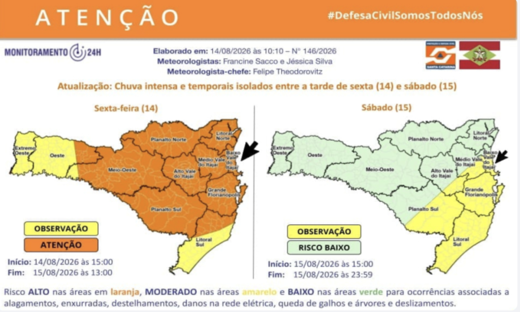 Atenção: tem alerta para chuva intensa e temporais isolados entre sexta e sábado