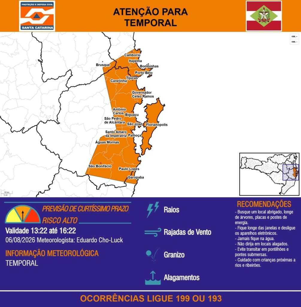 Defesa Civil alerta para risco de temporais em Balneário Camboriú nesta quinta-feira