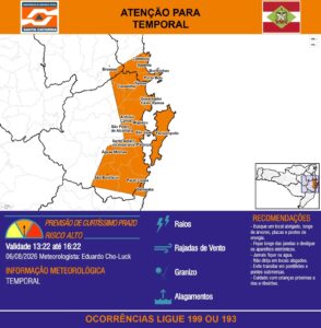 Defesa Civil alerta para risco de temporais em Balneário Camboriú nesta quinta-feira